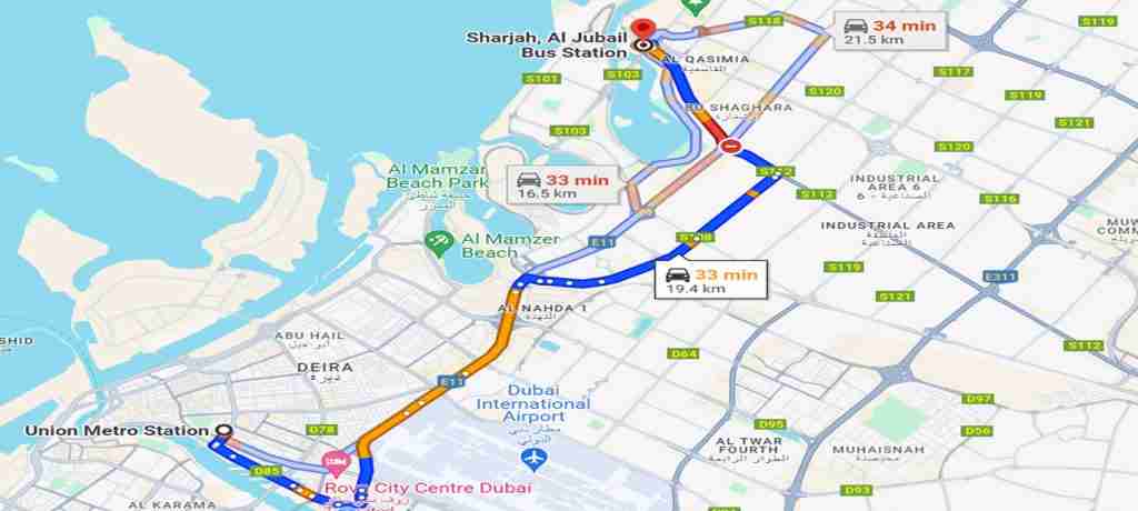 Sharjah to Dubai Union Bus Maps