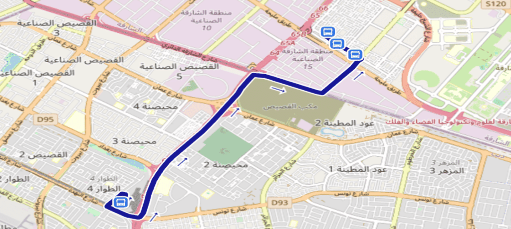 Etisalat Metro Bus Station to Muwailah Bus Station Map